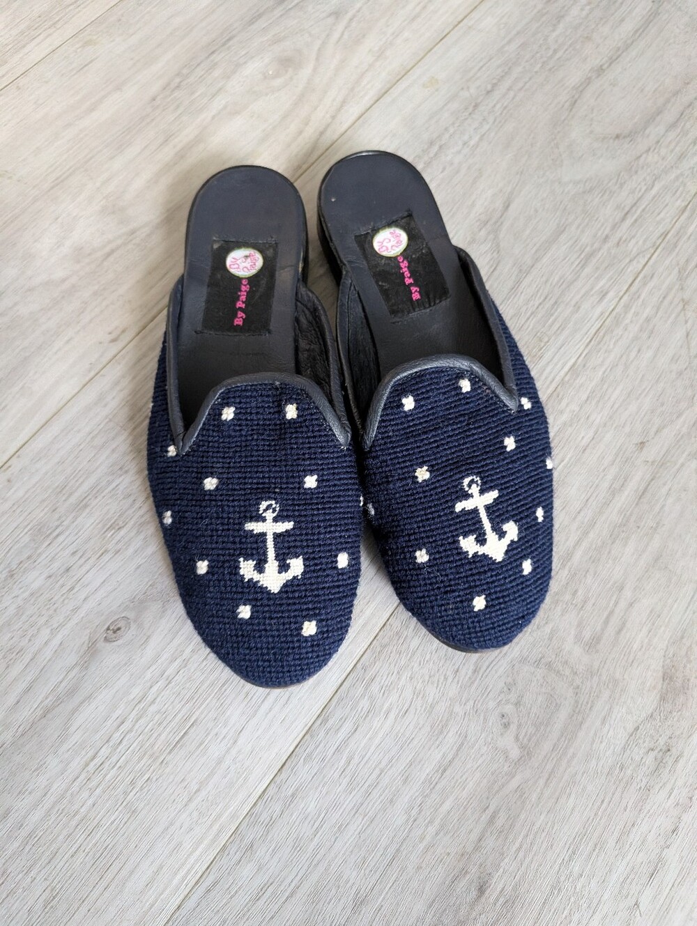 By Paige Navy Needlepoint Anchor Loafers Mules | Size S (Fits Women's 8–8.5)